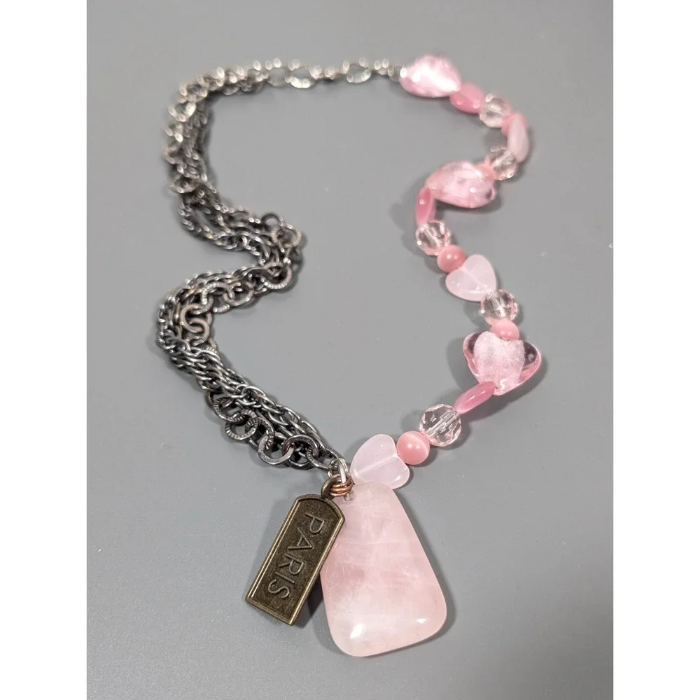 Pink Frosted Glass Heart Multi‎ Chain Paris Charm Necklace 20